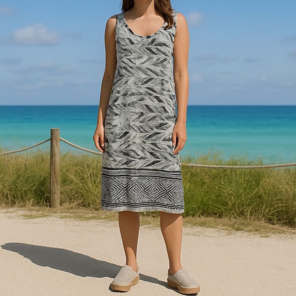 NEW Style & Co. Black Brown White Geometric Print Tiered Dress Artsy Lagenlook L